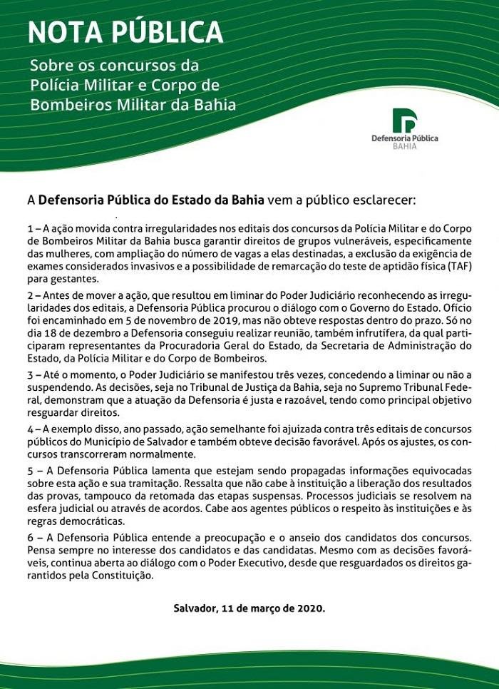 DEFENSORIA EMITE NOVA NOTA PÚBLICA SOBRE AÇÃO REFERENTE AOS CONCURSOS DA PM E CORPO DE BOMBEIROS