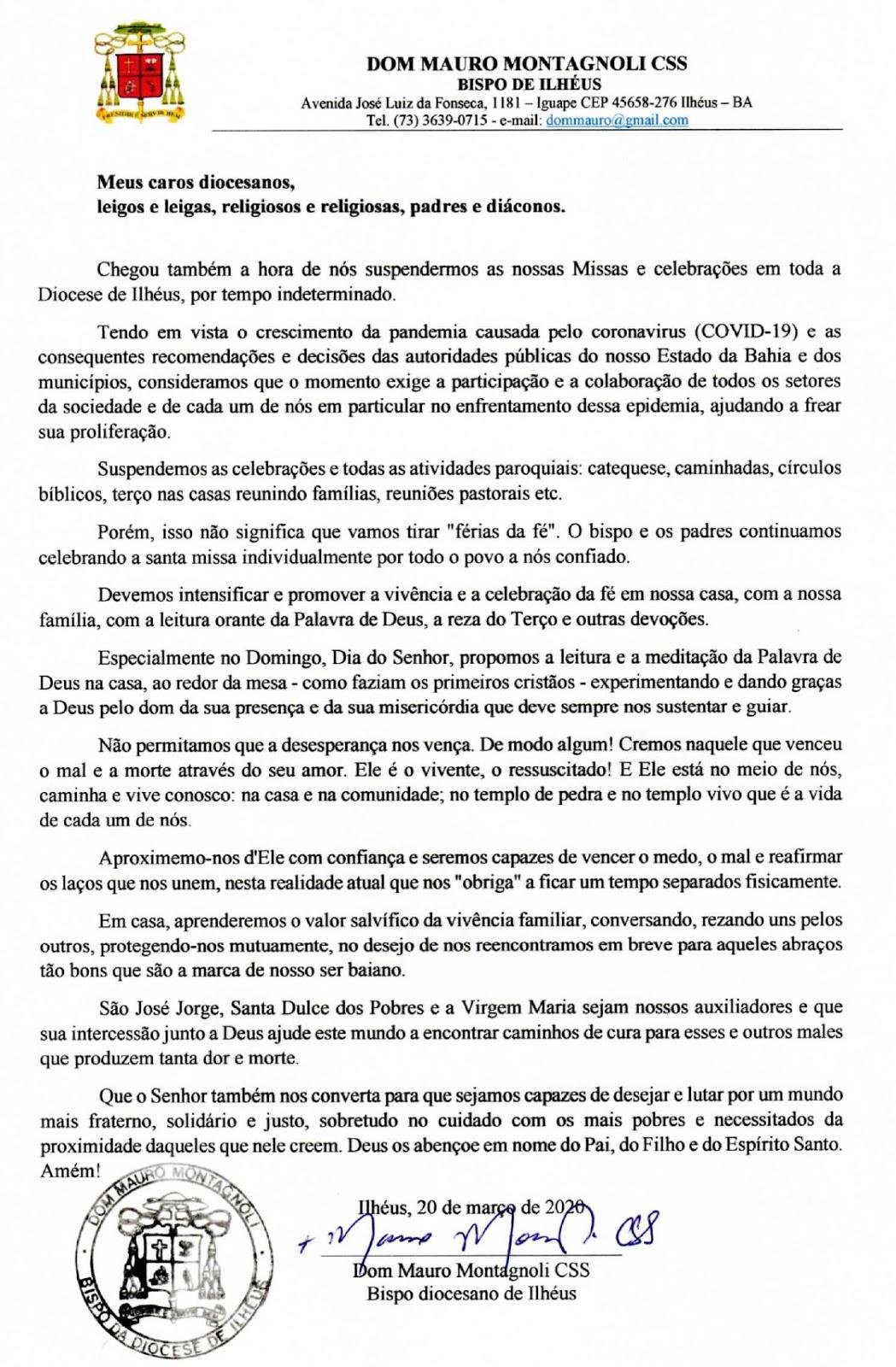 BISPO SUSPENDE MISSAS EM TODAS DIOCESE DE ILHÉUS POR TEMPO INDETERMINADO