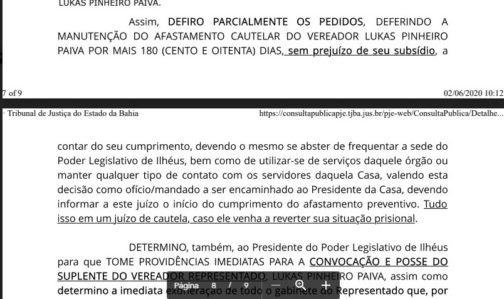 JUSTIÇA NEGA PEDIDO DE CASSAÇÃO E RENOVA AFASTAMENTO DE LUKAS PAIVA POR MAIS 180 DIAS