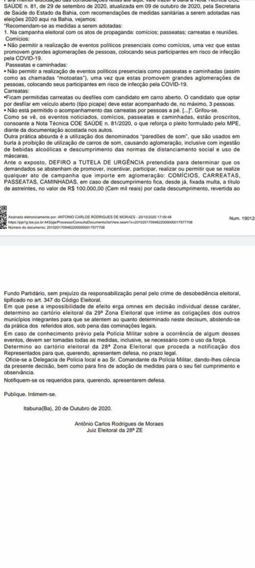 JUSTIÇA PROÍBE PASSEATAS, CARREATAS E COMÍCIOS EM ITABUNA