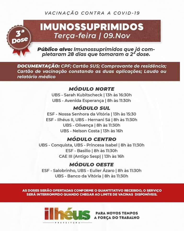  ILHÉUS APLICA 1,2 E 3 DOSE NESTA TERÇA-FEIRA