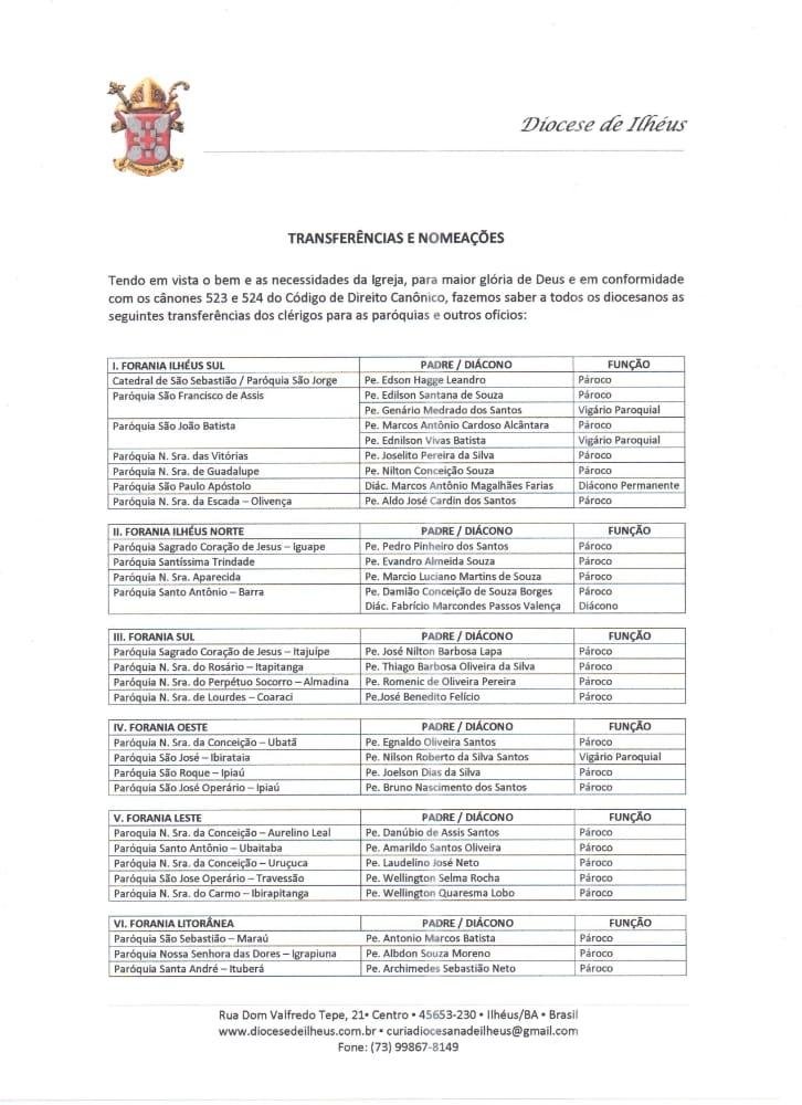 CONFIRA AS TRANSFERÊNCIAS E NOMEAÇÕES PARA A DIOCESE DE ILHÉUS  CONFIRA AS TRANSFERÊNCIAS E NOMEAÇÕES PARA A DIOCESE DE ILHÉUS