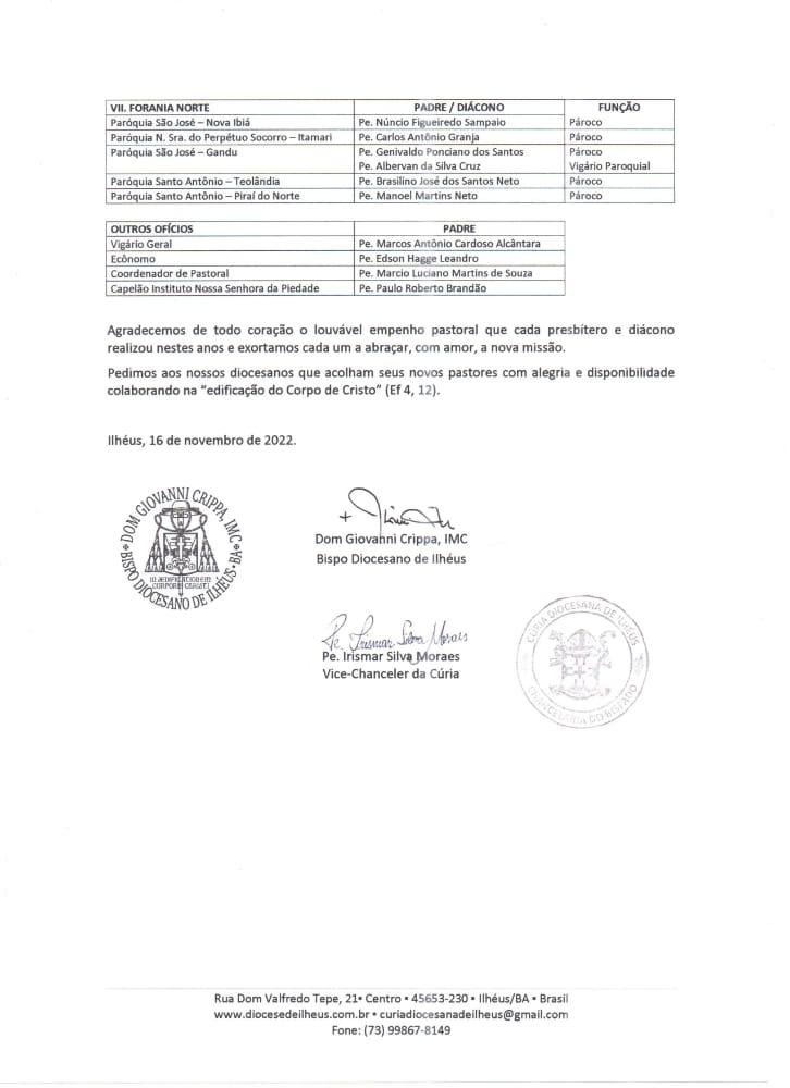 CONFIRA AS TRANSFERÊNCIAS E NOMEAÇÕES PARA A DIOCESE DE ILHÉUS  CONFIRA AS TRANSFERÊNCIAS E NOMEAÇÕES PARA A DIOCESE DE ILHÉUS