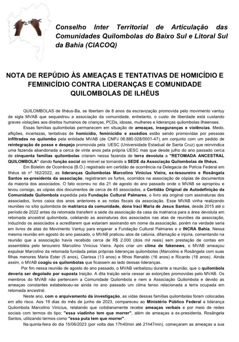 CIACOQ DIVULGA NOTA DE REPÚDIO À AMEAÇAS E TENTATIVAS DE HOMÍCIDIO SOFRIDAS POR COMUNIDADES QUILOMBOLAS EM ILHÉUS