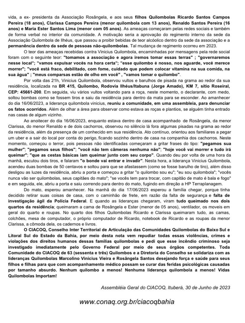 CIACOQ DIVULGA NOTA DE REPÚDIO À AMEAÇAS E TENTATIVAS DE HOMÍCIDIO SOFRIDAS POR COMUNIDADES QUILOMBOLAS EM ILHÉUS