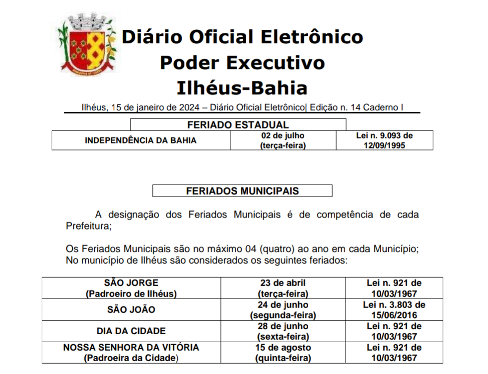 CONFIRA O CALENDáRIO DE FERIADOS E PONTOS FACULTATIVOS DE ILHéUS EM 2024 