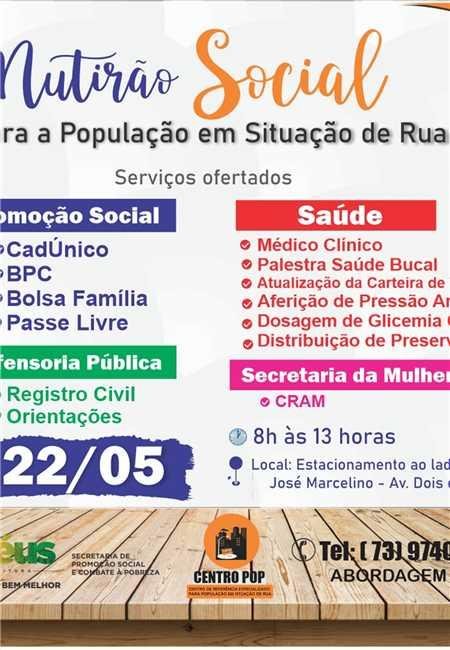 5º MUTIRÃO SOCIAL VOLTADO À PESSOAS EM SITUAÇÃO DE RUA ACONTECE NESTA QUARTA-FEIRA (22)