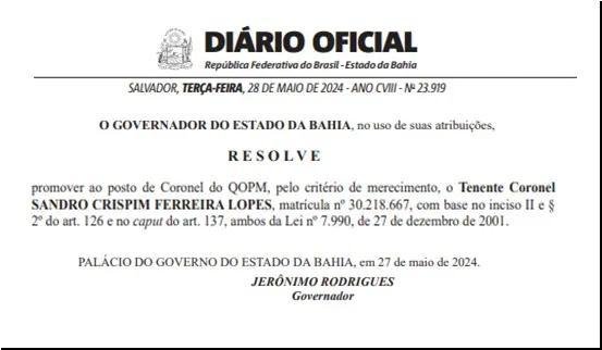 TENENTE-CORONEL FERREIRA LOPES É PROMOVIDO A CORONEL DA PMBA