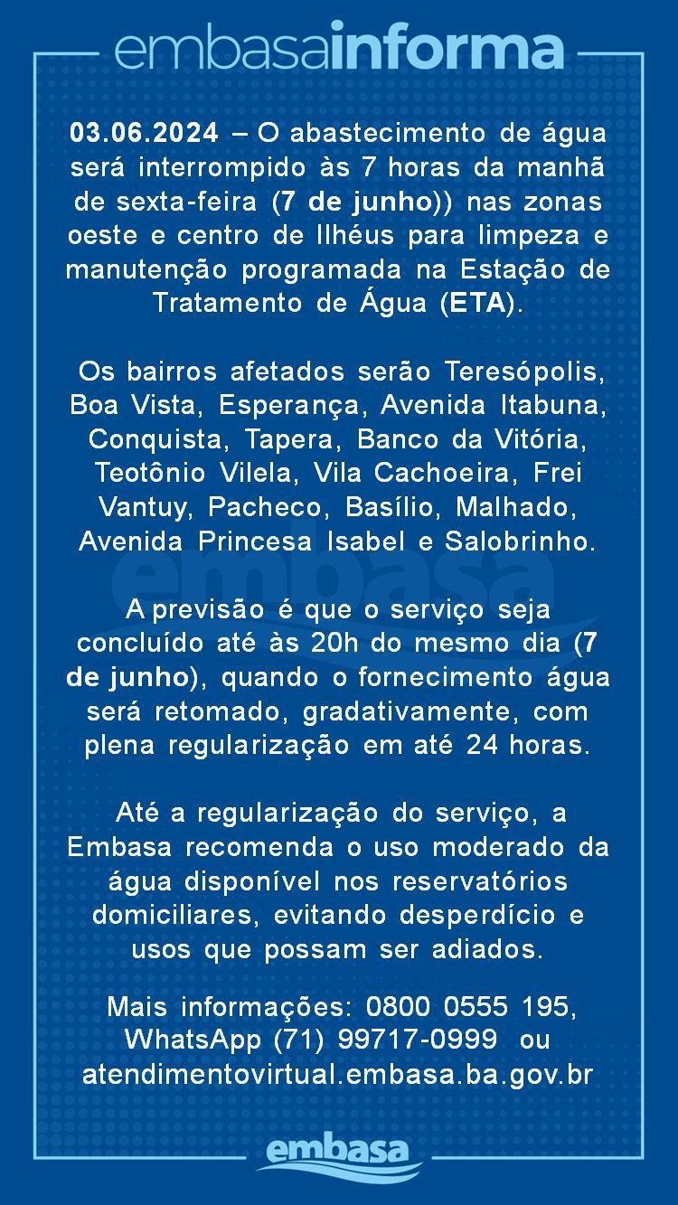 FORNECIMENTO DE ÁGUA SERÁ INTERROMPIDO EM ALGUNS BAIRROS DE ILHÉUS NA PRÓXIMA SEXTA-FEIRA (07)