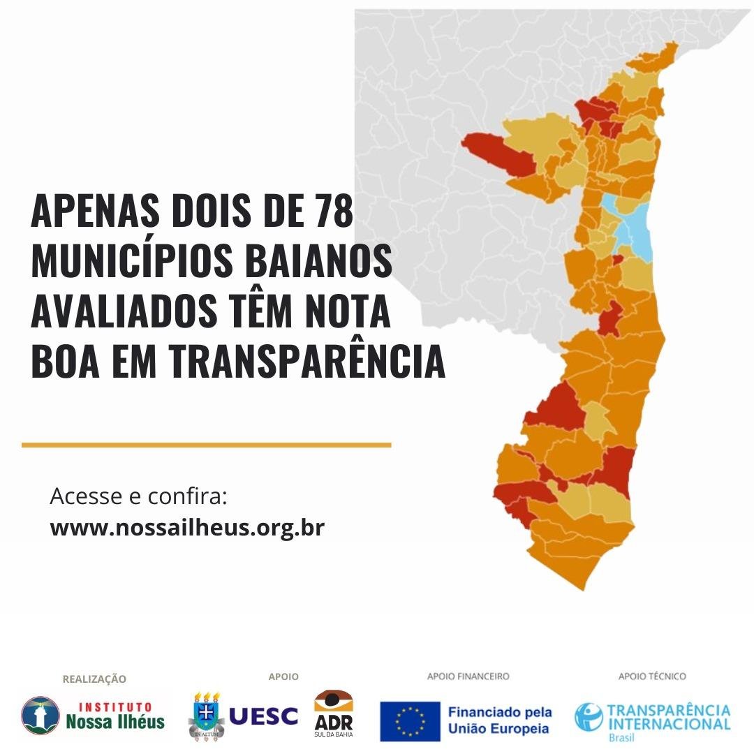 APENAS ILHÉUS E ITABUNA, DOS 78 MUNICÍPIOS BAIANOS AVALIADOS POR INSTITUTO, APRESENTARAM NOTA BOA EM TRANSPARÊNCIA