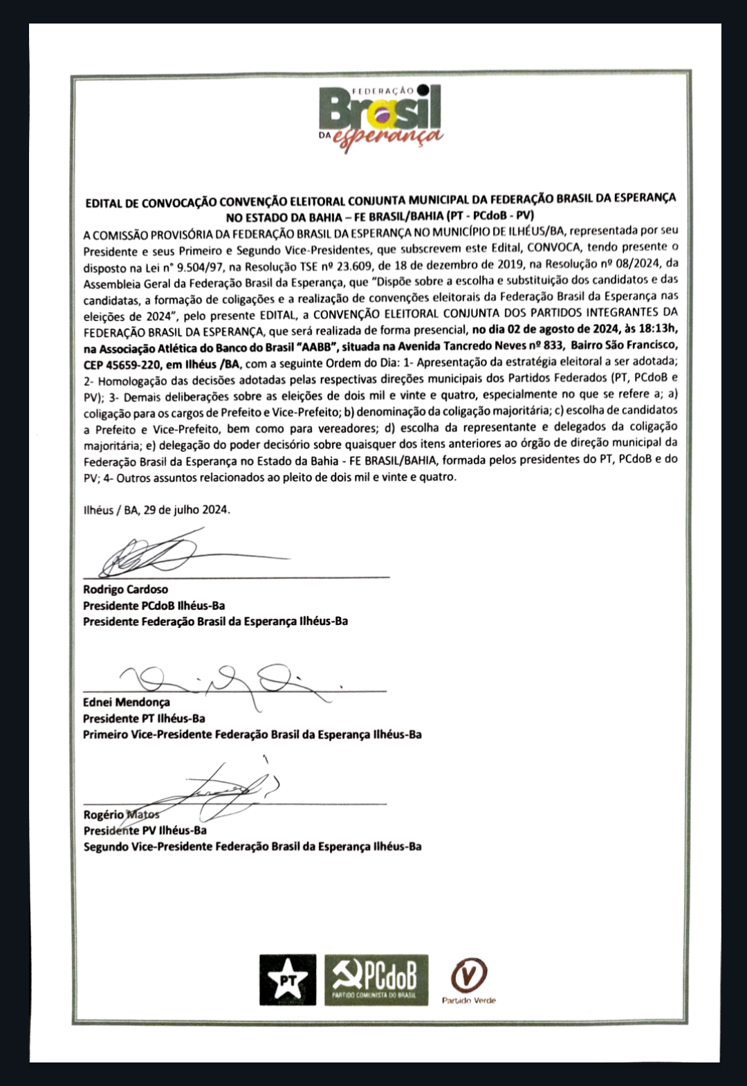 FEDERAÇÃO BRASIL DA ESPERANÇA REALIZA CONVENÇÃO NA PRÓXIMA SEXTA-FEIRA (02)