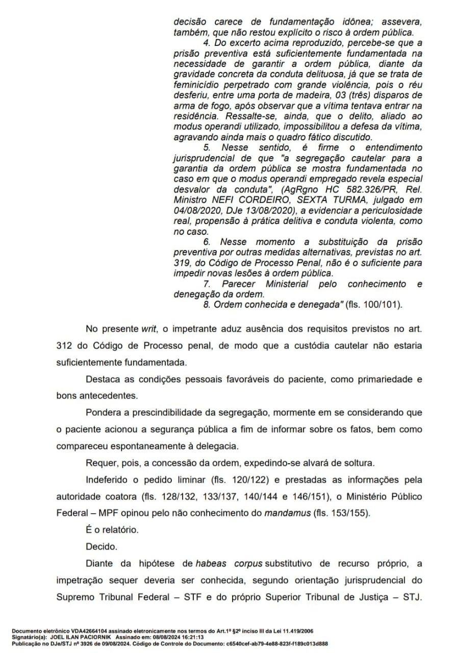 STJ NEGA HABEAS CORPUS E MANTÉM PRESO DANILO CRUZ, AUTOR DO FEMINICÍDIO DE CLEALINE ANDRADE EM ILHÉUS