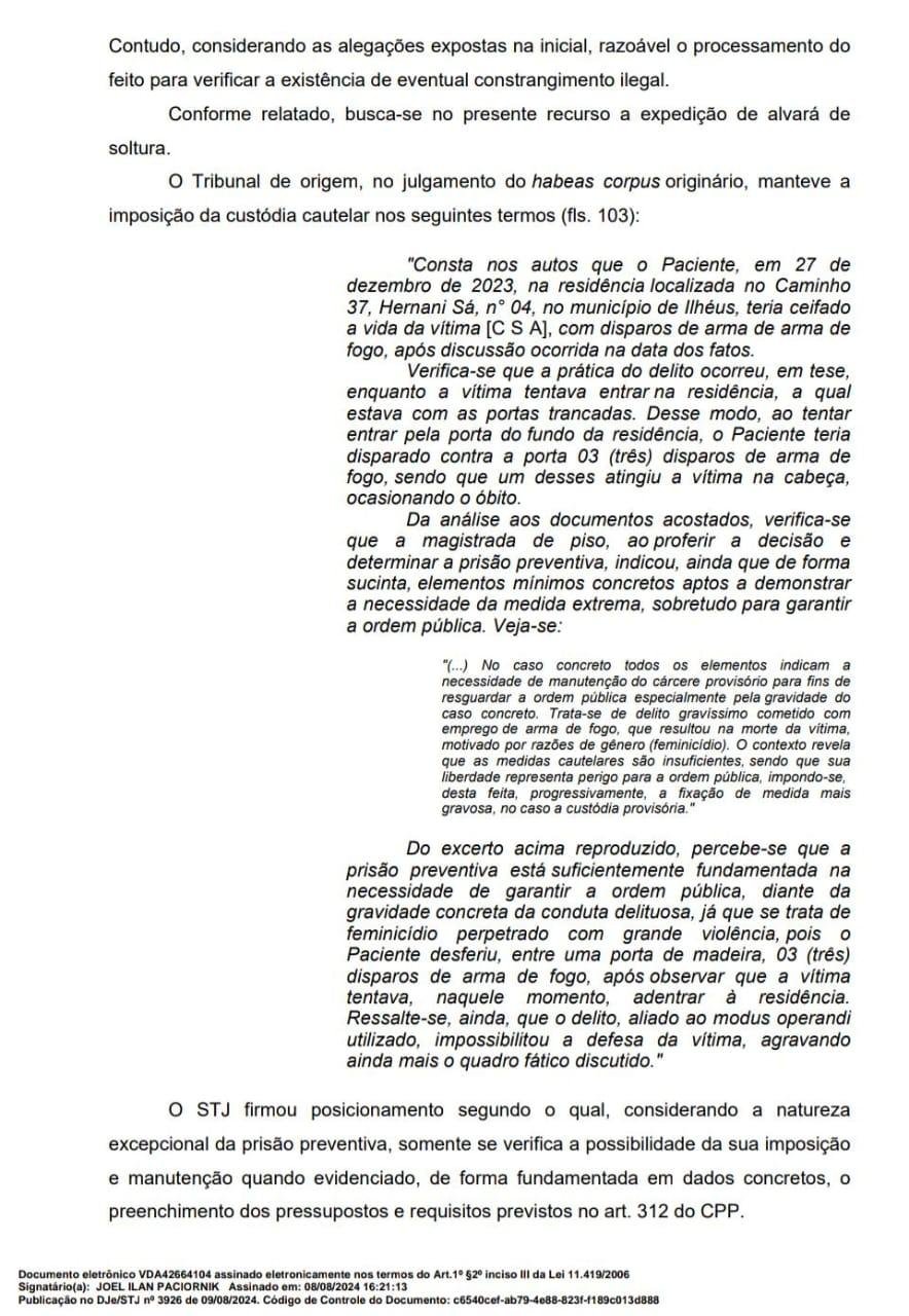 STJ NEGA HABEAS CORPUS E MANTÉM PRESO DANILO CRUZ, AUTOR DO FEMINICÍDIO DE CLEALINE ANDRADE EM ILHÉUS