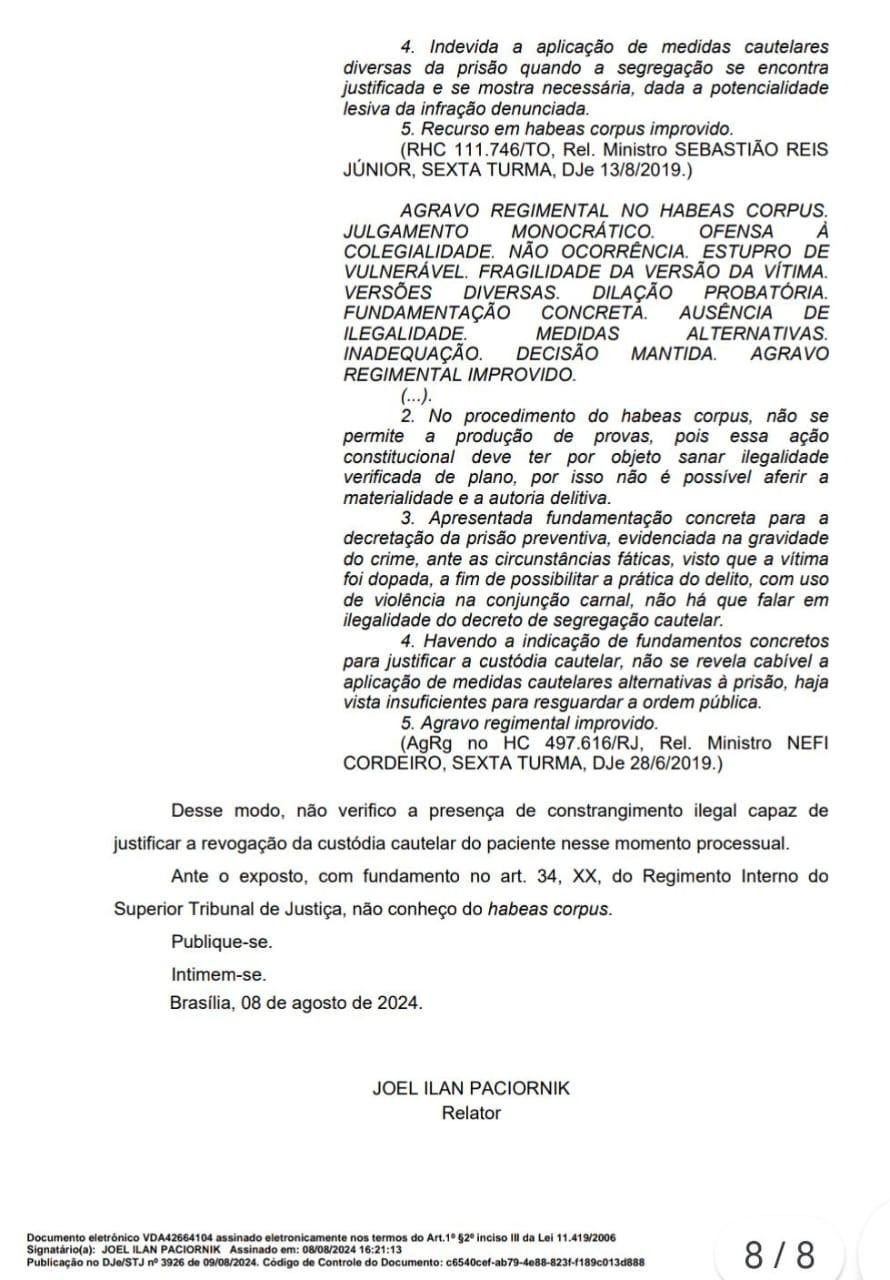 STJ NEGA HABEAS CORPUS E MANTÉM PRESO DANILO CRUZ, AUTOR DO FEMINICÍDIO DE CLEALINE ANDRADE EM ILHÉUS