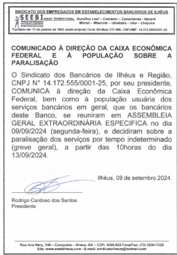 TRABALHADORES DA CAIXA ECONÔMICA FEDERAL DE ILHÉUS COMUNICAM GREVE A PARTIR DE SEXTA-FEIRA (13)