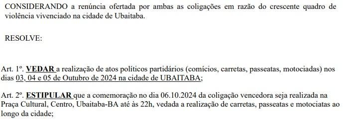 JUIZ ELEITORAL PROÍBE ATOS POLÍTICOS EM UBAITABA APÓS BRIGAS E TIROS