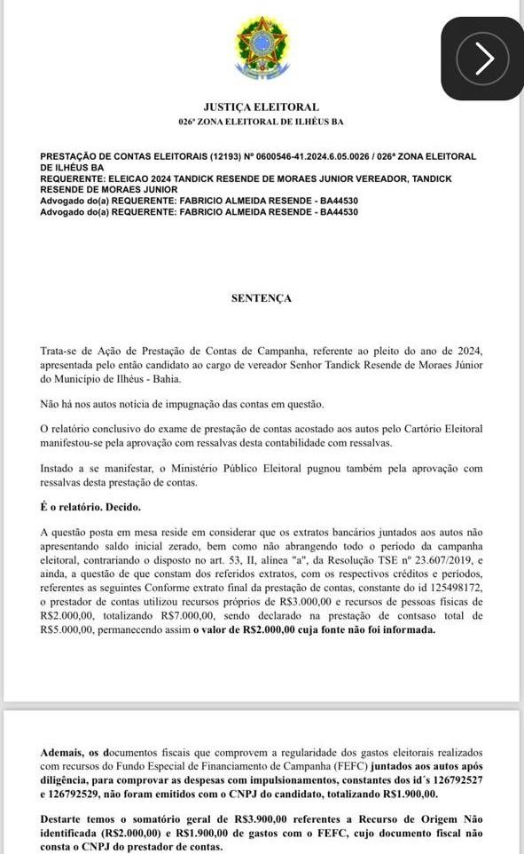 VEREADOR TANDICK RESENDE TEM CONTAS DE CAMPANHA REJEITADAS E JUSTIÇA DETERMINA DEVOLUÇÃO DE RECURSOS AO TESOURO NACIONAL