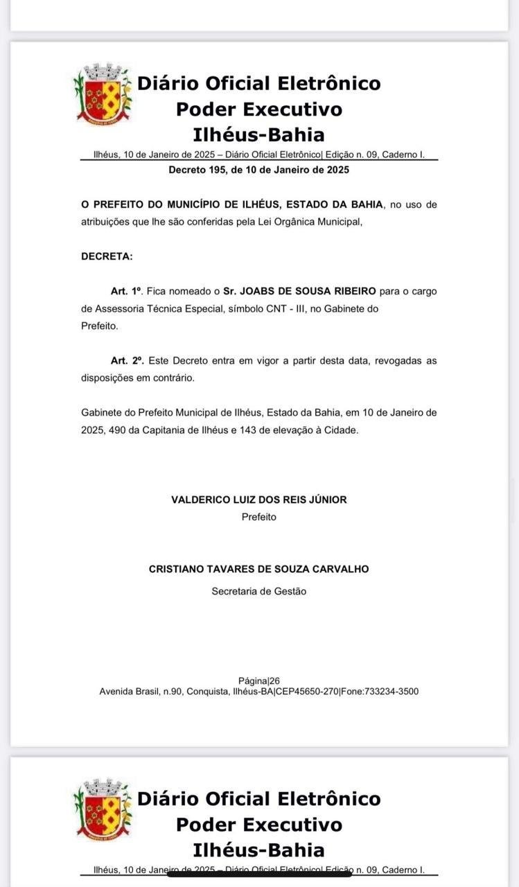 PREFEITURA DE ILHÉUS NOMEIA JOABS RIBEIRO COMO ASSESSOR TÉCNICO ESPECIAL