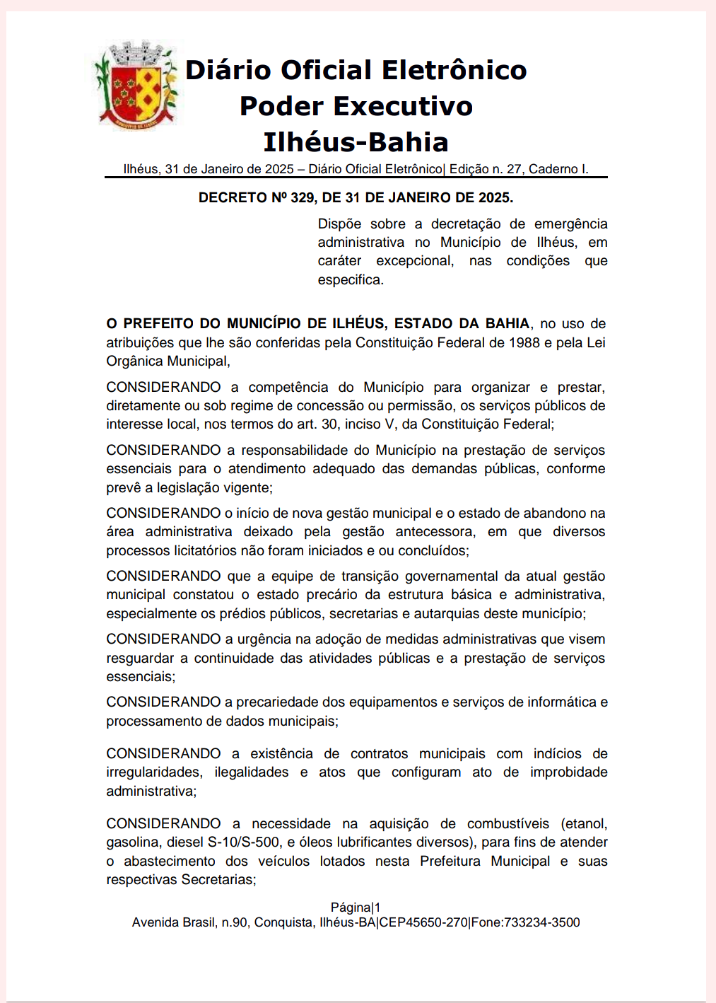 MUNICÍPIO DE ILHÉUS DECRETA EMERGÊNCIA ADMINISTRATIVA