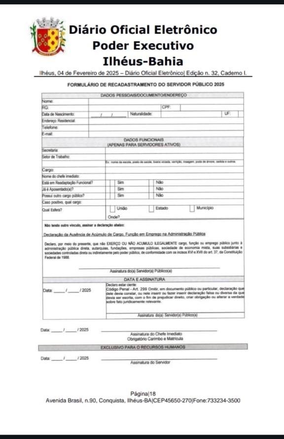 PREFEITURA DE ILHÉUS RECADASTRA SERVIDORES EFETIVOS DO MUNICÍPIO 