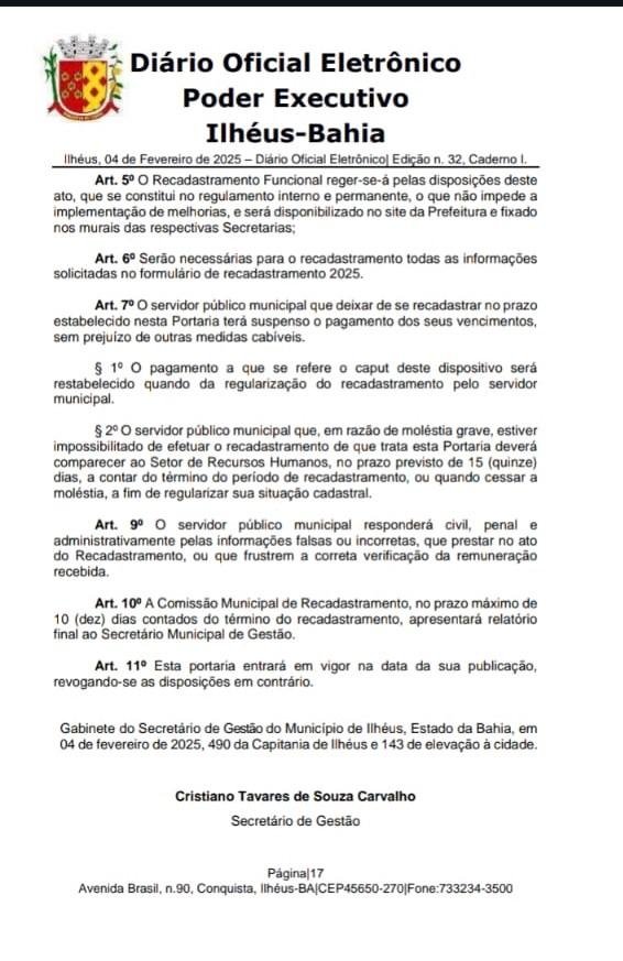 PREFEITURA DE ILHÉUS RECADASTRA SERVIDORES EFETIVOS DO MUNICÍPIO 