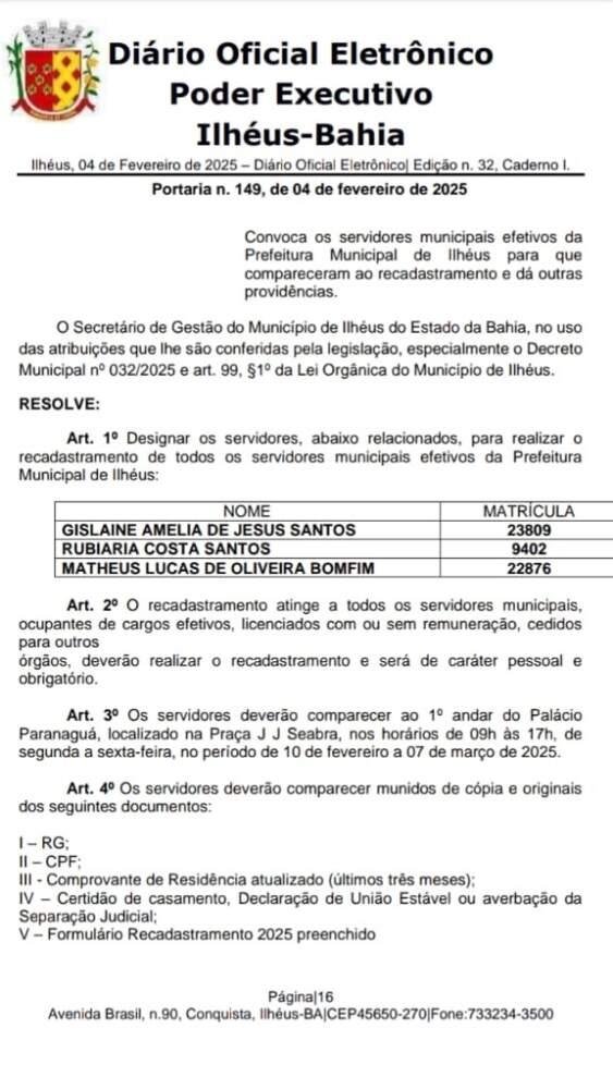 PREFEITURA DE ILHÉUS RECADASTRA SERVIDORES EFETIVOS DO MUNICÍPIO 
