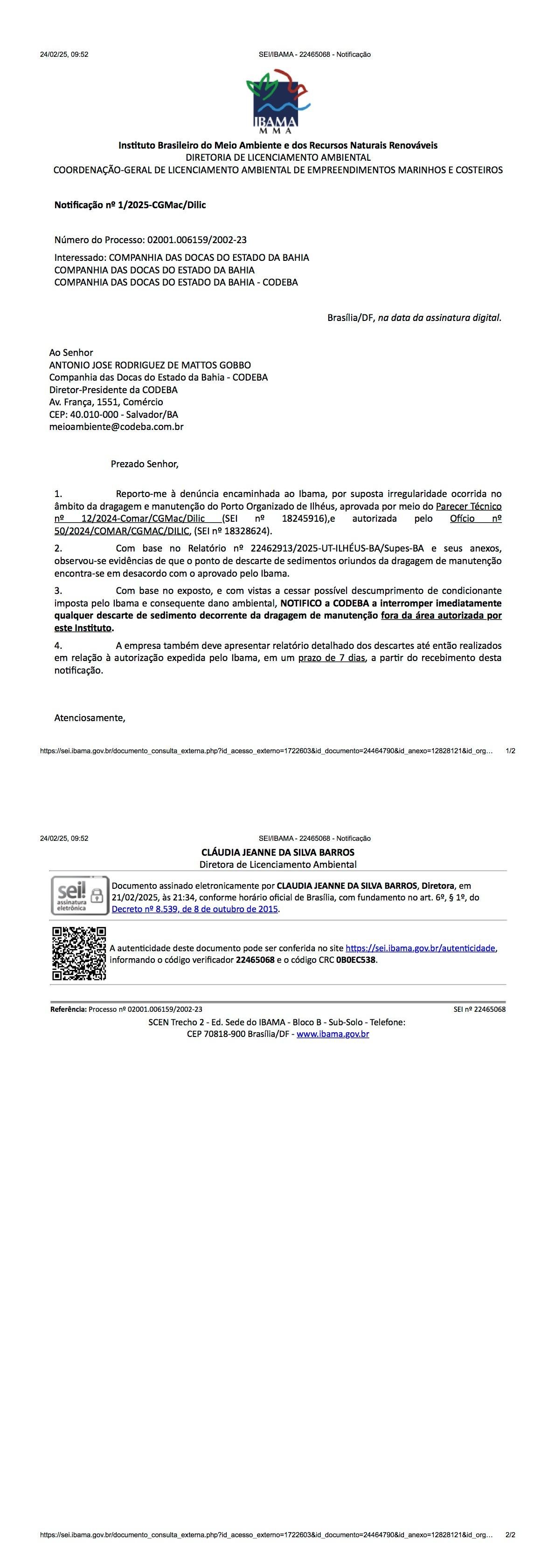 IBAMA NOTIFICA CODEBA POR DESCARTE IRREGULAR DE SEDIMENTOS NO PORTO DE ILHÉUS