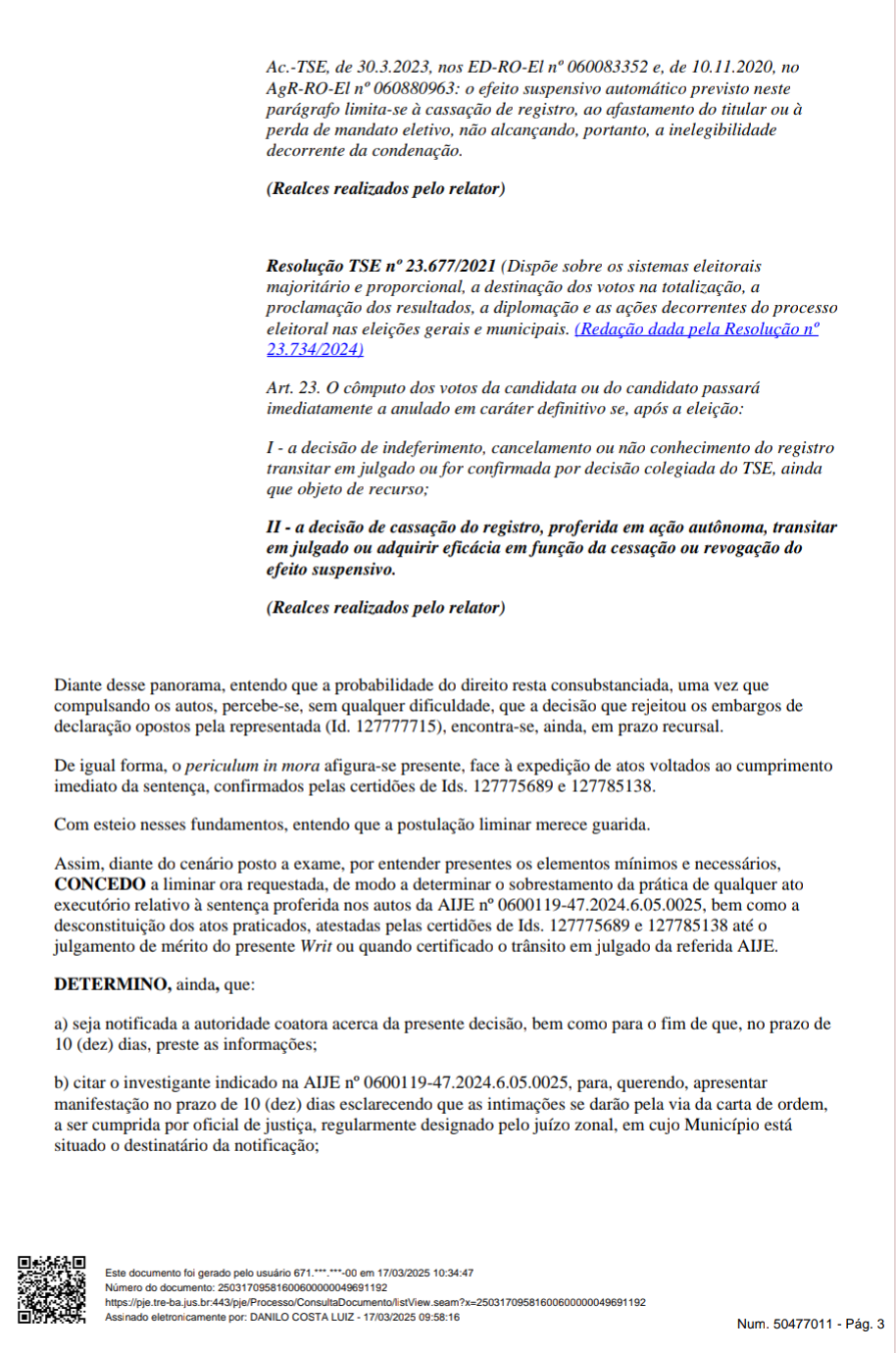 TRE-BA SUSPENDE DECISÃO QUE AFASTAVA VEREADORES POR FRAUDE NA COTA DE GÊNERO