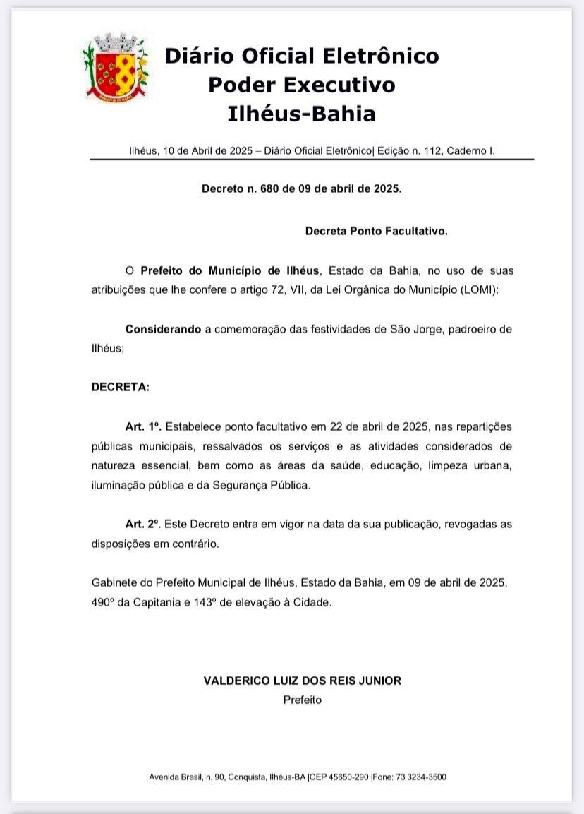 ILHÉUS DECRETA PONTO FACULTATIVO DIA 22 DE ABRIL E 
