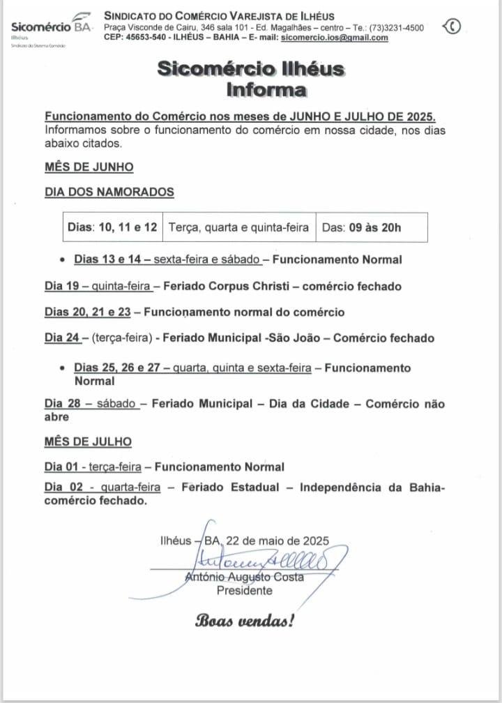 COMÉRCIO DE ILHÉUS DIVULGA HORÁRIOS DE FUNCIONAMENTO PARA JUNHO E JULHO