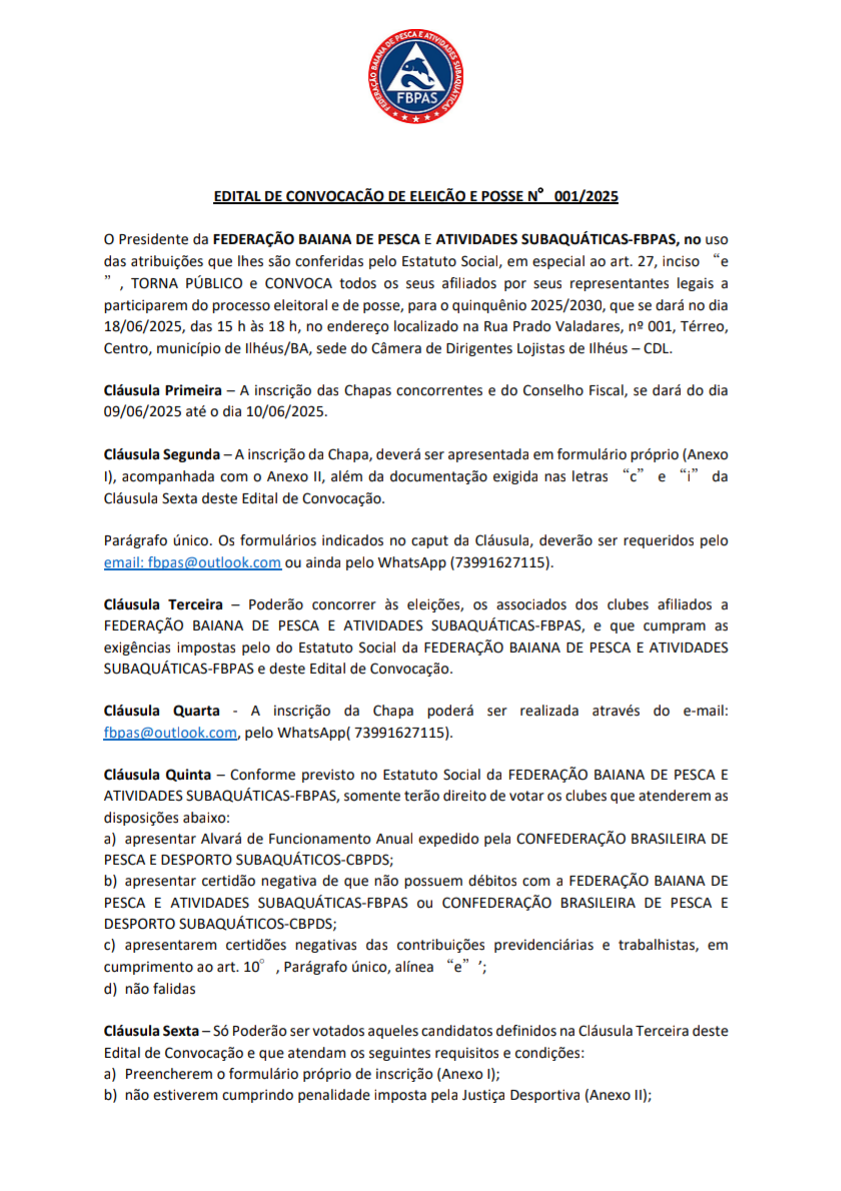 FEDERAÇÃO BAIANA DE PESCA CONVOCA ELEIÇÃO PARA O QUINQUÊNIO 2025–2030