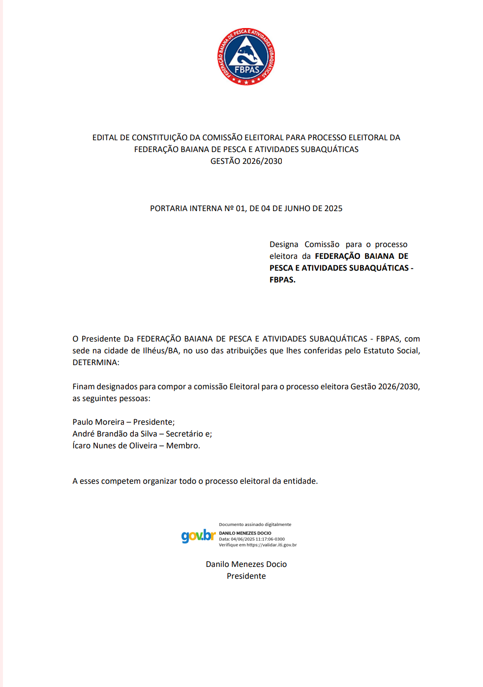 FBPAS FORMA COMISSÃO ELEITORAL PARA GESTÃO 2026/2030