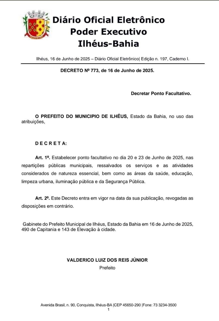 ILHÉUS TERÁ PONTO FACULTATIVO NOS DIAS 20 E 23 DE JUNHO