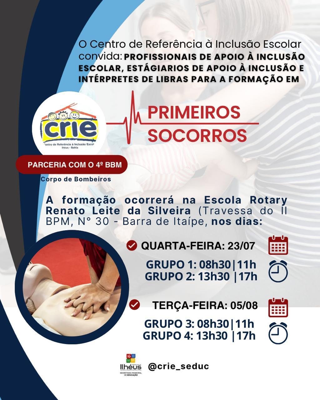 PROFISSIONAIS DA INCLUSÃO ESCOLAR PARTICIPAM DE FORMAÇÃO EM PRIMEIROS SOCORROS EM ILHÉUS