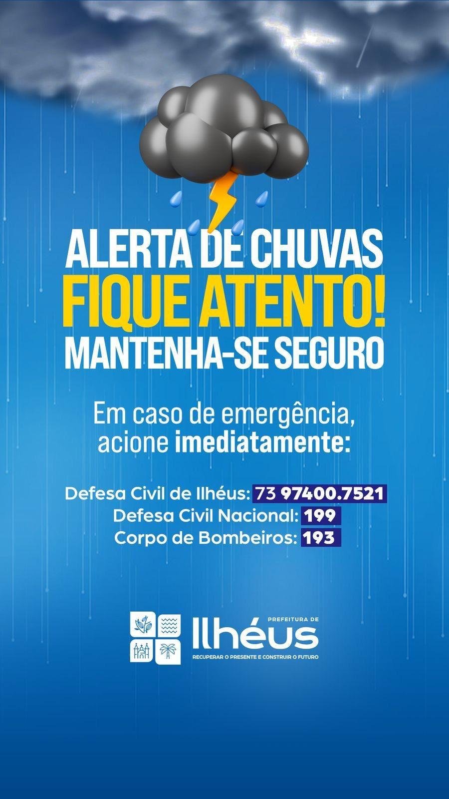 CHUVA INTENSA EM ILHÉUS: DEFESA CIVIL PEDE ATENÇÃO REDOBRADA DA POPULAÇÃO CHUVA INTENSA EM ILHÉUS: DEFESA CIVIL PEDE ATENÇÃO REDOBRADA DA POPULAÇÃO
