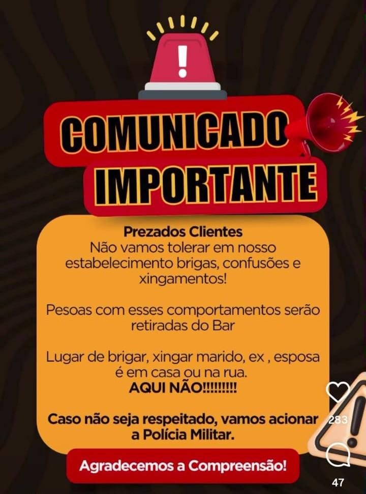 “LUGAR DE BRIGAR, XINGAR MARIDO, EX E ESPOSA É EM CASA OU NA RUA”: POSTAGEM INUSITADA DE BAR EM ILHÉUS GERA REPERCUSSÃO NAS REDES SOCIAIS “LUGAR DE BRIGAR, XINGAR MARIDO, EX E ESPOSA É EM CASA OU NA RUA”: POSTAGEM INUSITADA DE BAR EM ILHÉUS GERA REPERCUSSÃO NAS REDES SOCIAIS