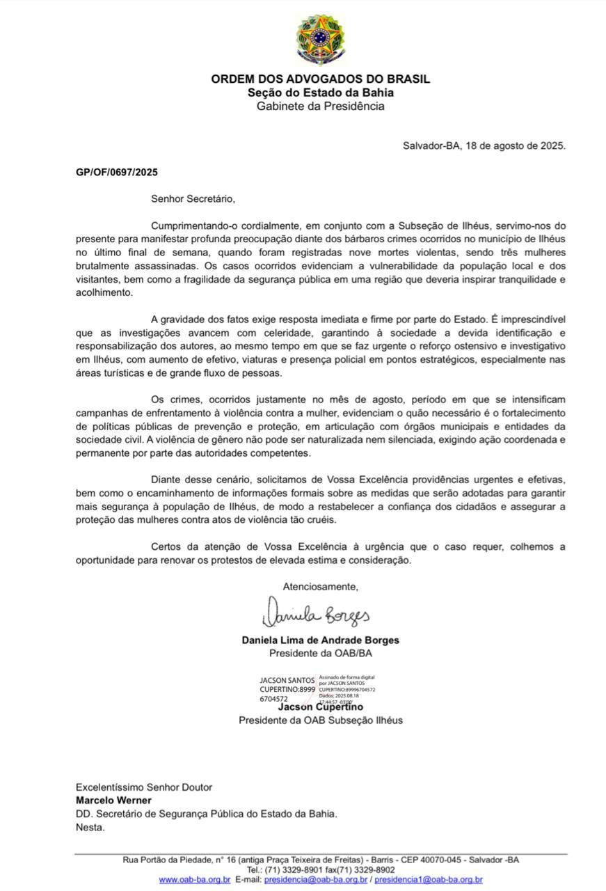 OAB OFICIA SECRETARIA DE SEGURANÇA PÚBLICA DO ESTADO APÓS AVANÇO DA VIOLÊNCIA EM ILHÉUS OAB OFICIA SECRETARIA DE SEGURANÇA PÚBLICA DO ESTADO APÓS AVANÇO DA VIOLÊNCIA EM ILHÉUS