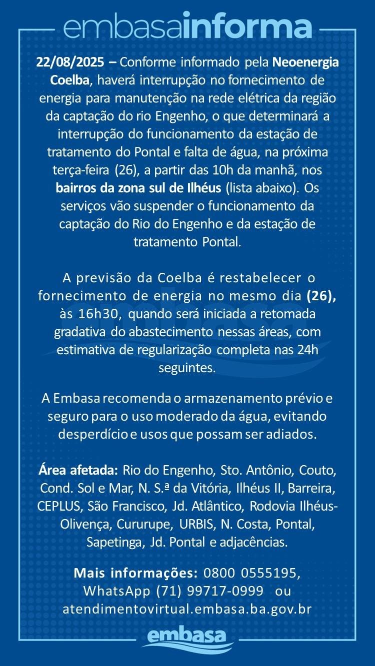 MANUTENÇÃO NA REDE ELÉTRICA VAI CAUSAR INTERRUPÇÃO NO ABASTECIMENTO DE ÁGUA NA ZONA SUL DE ILHÉUS