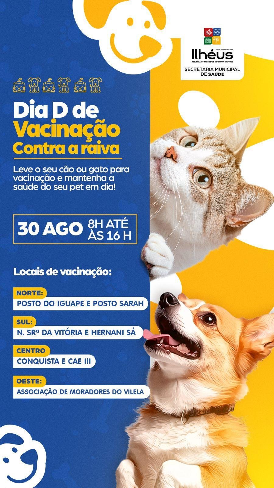 CAMPANHA DE VACINAÇÃO ANTIRRÁBICA EM ILHÉUS SEGUE ATÉ SÁBADO (30), COM DIA D NA ZONA URBANA 