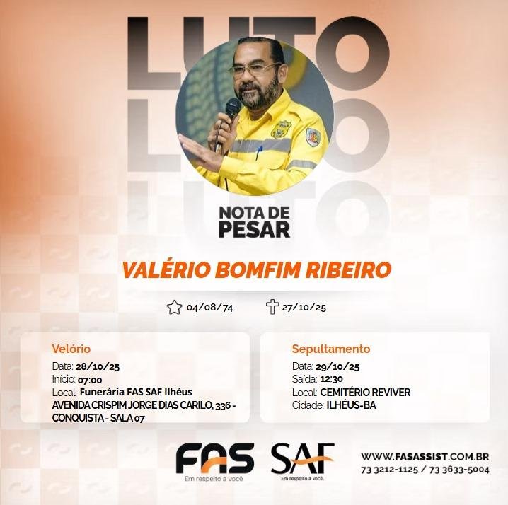 SEPULTAMENTO DE VALÉRIO BONFIM RIBEIRO SERÁ NA QUARTA-FEIRA (29), EM ILHÉUS SEPULTAMENTO DE VALÉRIO BONFIM RIBEIRO SERÁ NA QUARTA-FEIRA (29), EM ILHÉUS