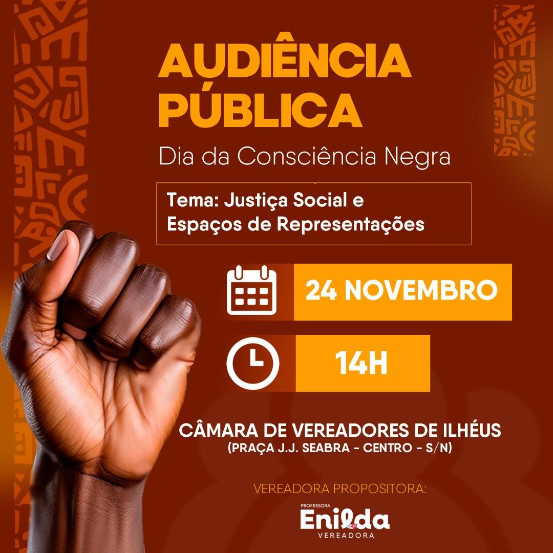 AUDIÊNCIA PÚBLICA ALUSIVA AO DIA DA CONSCIÊNCIA NEGRA SERÁ REALIZADA NA PRÓXIMA SEGUNDA (24)