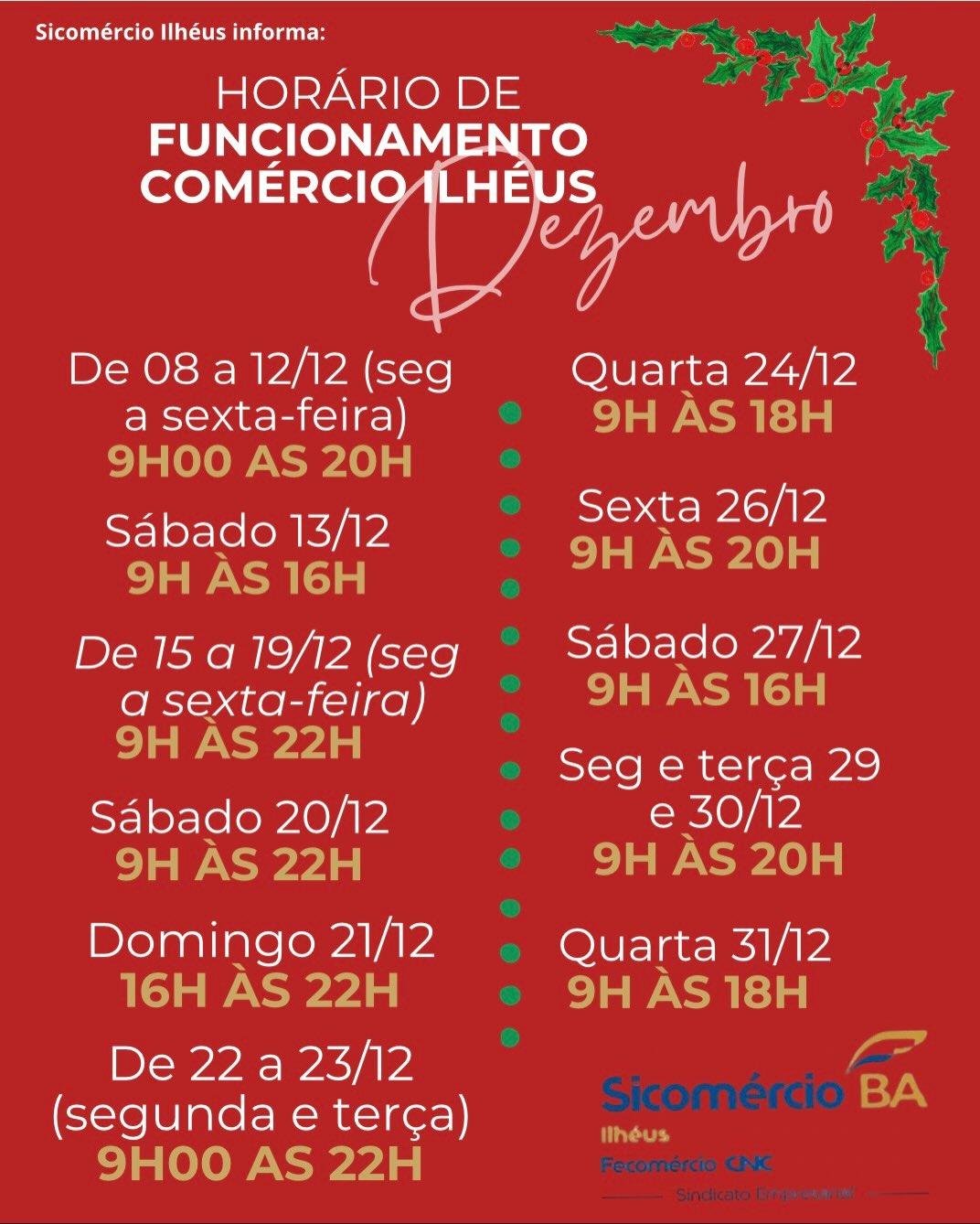 ILHÉUS DIVULGA HORÁRIOS ESPECIAIS DO COMÉRCIO PARA O NATAL 2025 ILHÉUS DIVULGA HORÁRIOS ESPECIAIS DO COMÉRCIO PARA O NATAL 2025