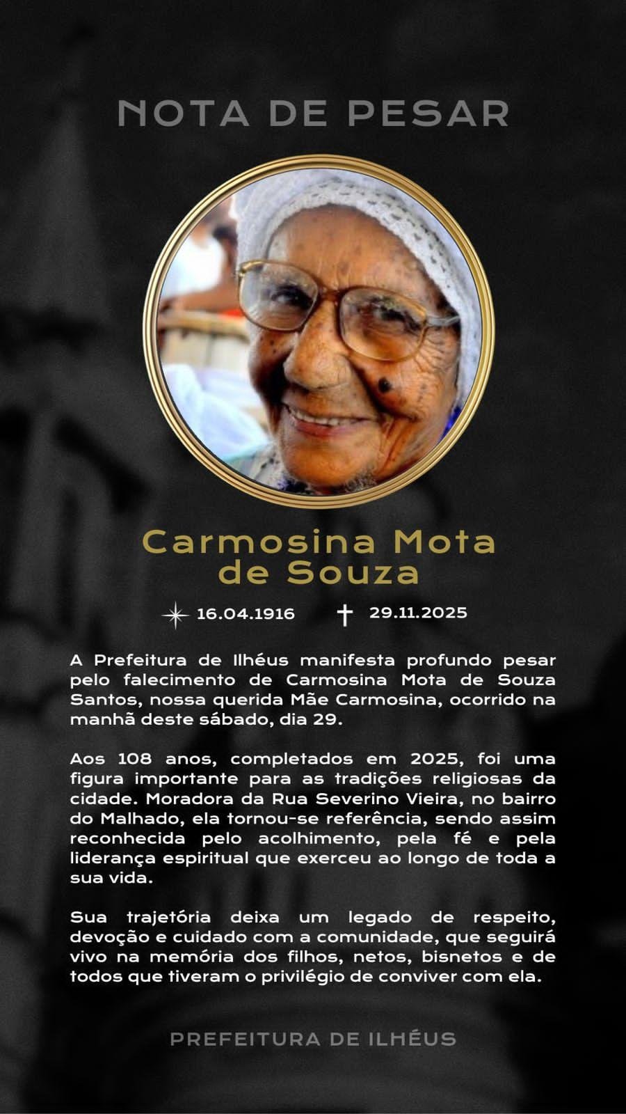 PREFEITURA DE ILHÉUS LAMENTA MORTE DE MÃE CARMOSINA