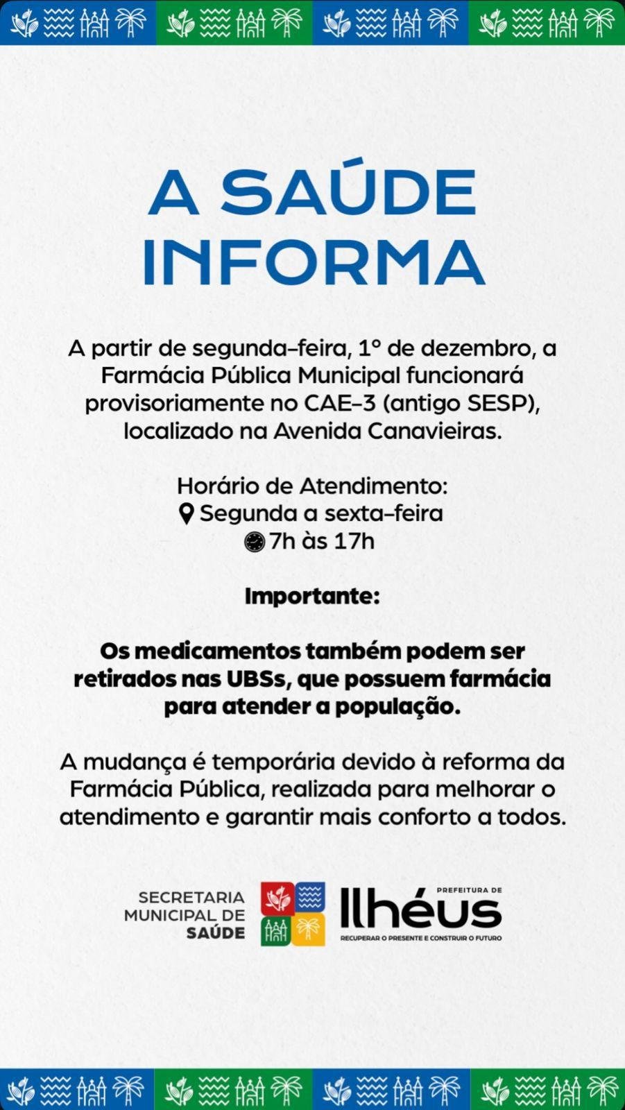 FARMÁCIA PÚBLICA MUNICIPAL FECHA PARA REFORMA E ATENDIMENTO É TRANSFERIDO PARA O CAE 3