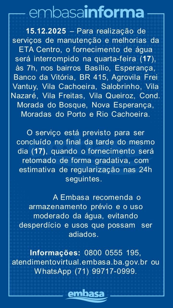 MANUTENÇÃO DA EMBASA DEVE DEIXAR CERCA DE 60 MIL PESSOAS SEM ÁGUA EM ILHÉUS