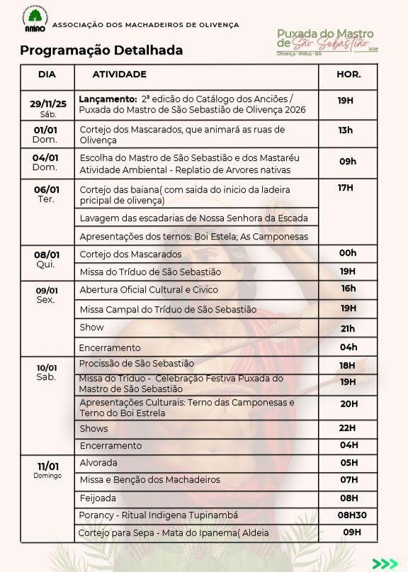 CONFIRA A PROGRAMAÇÃO CULTURAL DA PUXADA DO MASTRO EM OLIVENÇA