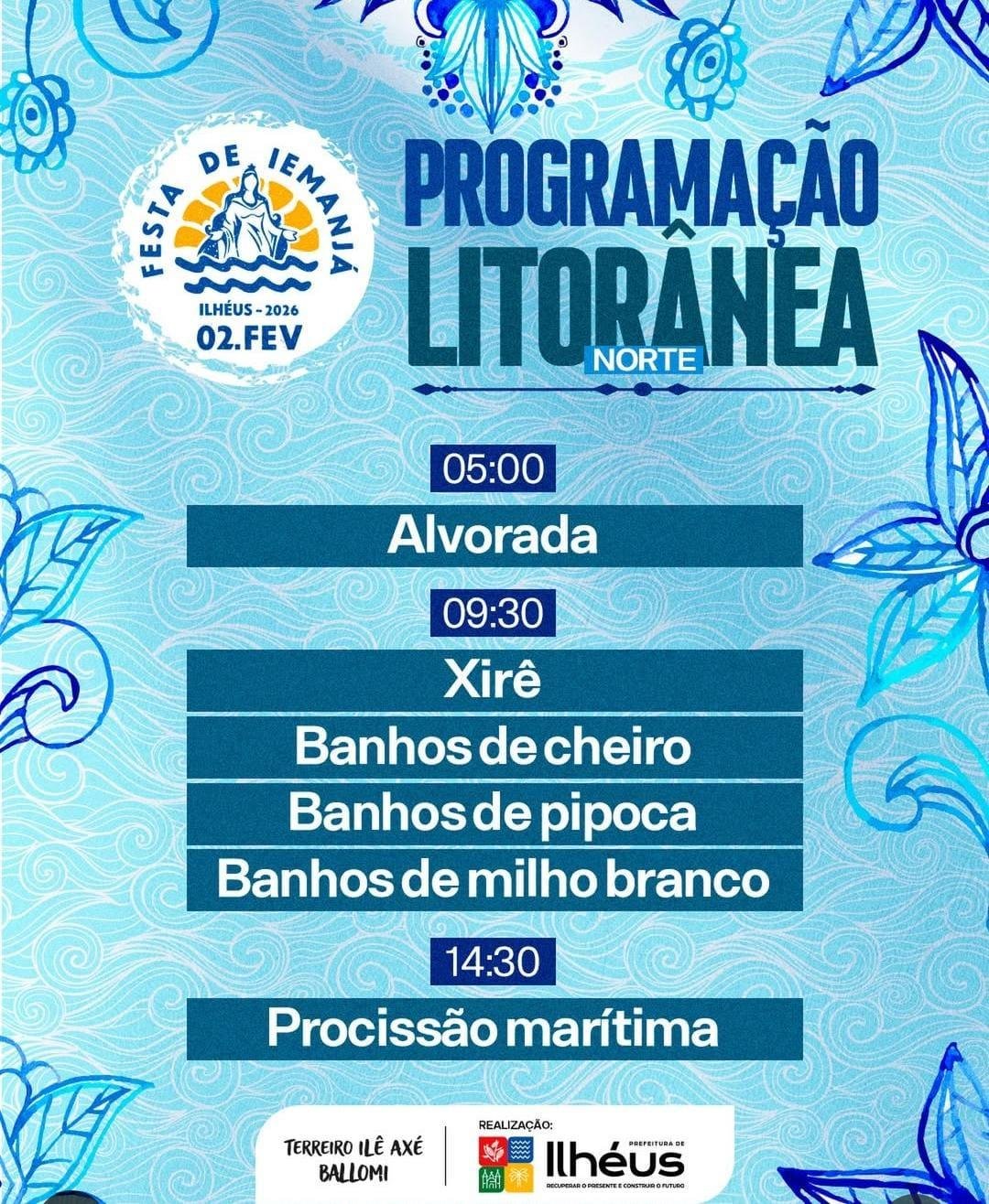 FESTA DE IEMANJÁ 2026 EM ILHÉUS ACONTECE NO DIA 2 DE FEVEREIRO COM PROGRAMAÇÃO EM DIVERSOS PONTOS DA CIDADE