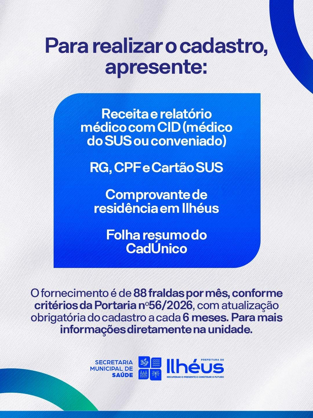 PREFEITURA DE ILHÉUS INFORMA NOVO LOCAL PARA CADASTRO E DISTRIBUIÇÃO DE FRALDAS DESCARTÁVEIS