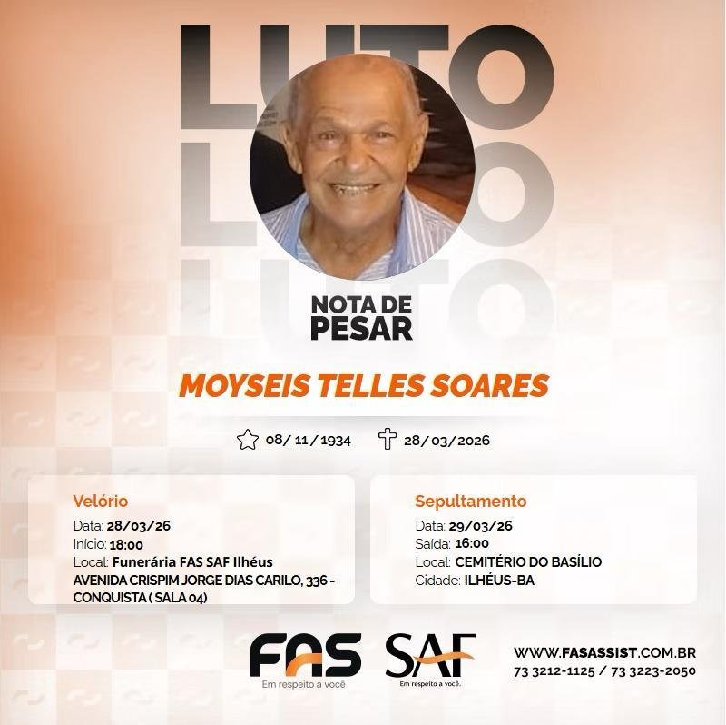 MOISÉS TELES SOARES ESTÁ SENDO VELADO NESTE SÁBADO (28) E SERÁ SEPULTADO NO DOMINGO (29) EM ILHÉUS MOISÉS TELES SOARES ESTÁ SENDO VELADO NESTE SÁBADO (28) E SERÁ SEPULTADO NO DOMINGO (29) EM ILHÉUS