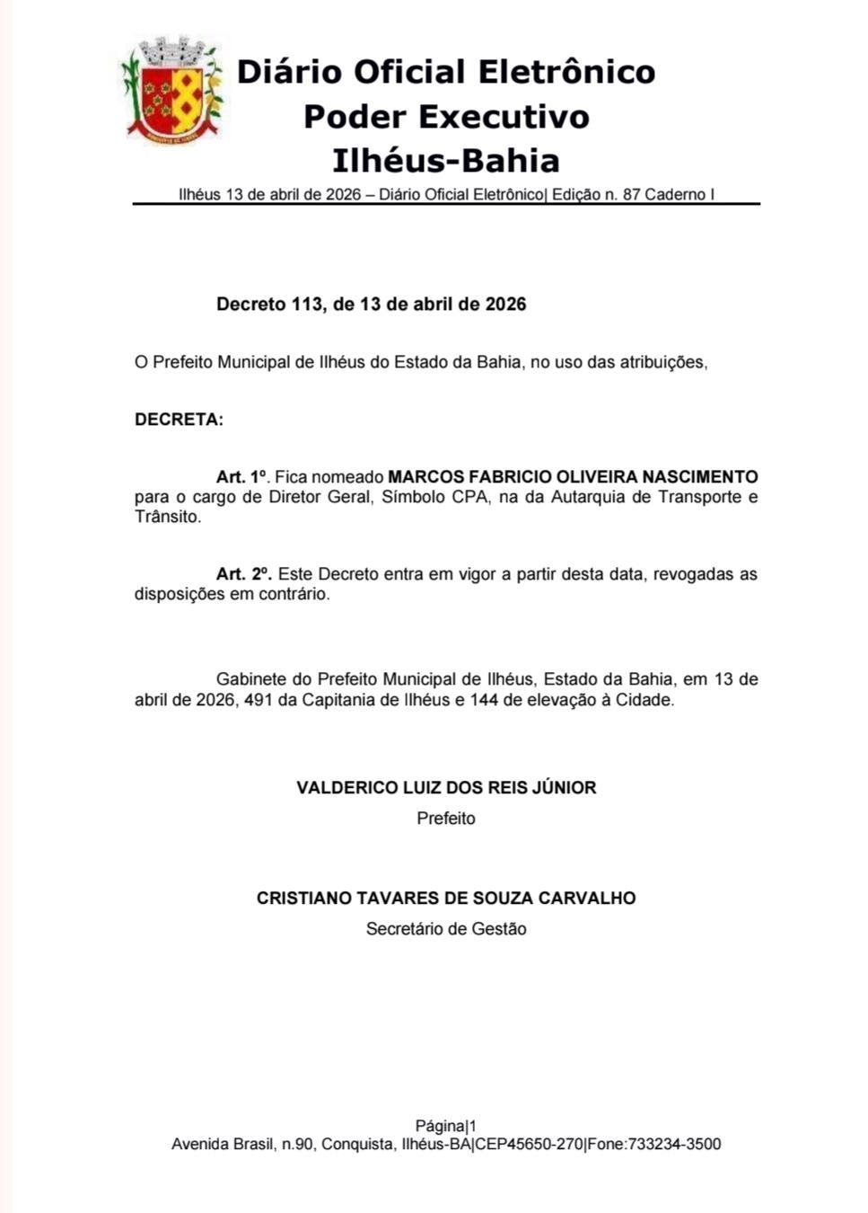 VALDERICO ESCOLHE EX-VEREADOR FABRÍCIO NASCIMENTO PARA COMANDAR SUTRAM EM ILHÉUS